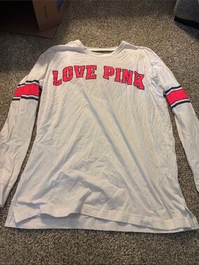 LOVE PINK White Long Sleeve Tee with Hot Pink Accents